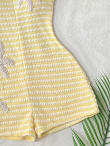 SHEIN Tween Girl Fitted Casual Halter Neck Striped Jumpsuit - Yellow - View 4