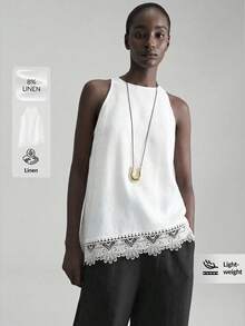 Ontre Áo hai dây không tay phối ren, vạt lệch, chất liệu vải lanh pha, dành cho nữ, thoải mái, đa năng, thích hợp đi biển, nghỉ mát, lễ hội âm nhạc, phong cách thường ngày thanh lịch. - trắng - Xem 1