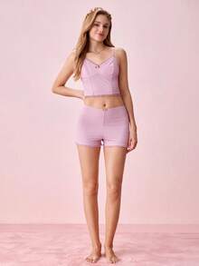 Bộ đồ ngủ/Pjama/Áo ba lỗ viền rau diếp và quần short Bộ đồ ngủ - Bụi hồng - Xem 3