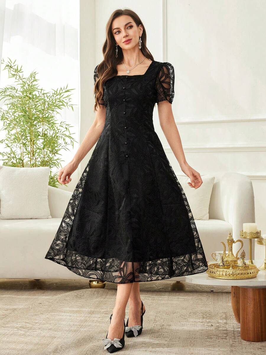 Modelyn Women's French Lace Elegant Waist Cinched Long Dress - Black - View 1