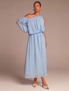 COSMINA Women's Elegant Asymmetrical Neck Ruched Jumpsuit, Versatile Wide-Leg Loose Extra-Long Style For Spring, Summer, Autumn, Winter, Commute, Date, Spring Outing, Garden, Beach Vacation - Blue - View 3