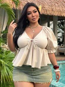 Dazy Plus Plus Size Women's Solid Color Gathered Tie Front Ruffle V-Neck Casual Vacation Summer Crop Top Shirt Gym Brown - Apricot - View 8