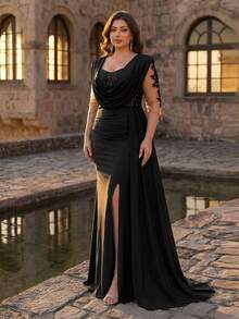 Aureia Plus Size Elegant Black Formal Evening Dress For Spring Luxurious Sequin Applique Satin Plunging Draped Neck 3/4 Sleeve Ruched Mermaid Hem Gown - Black - View 6