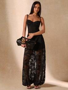SHEIN BAE Sheer Lace Lantern Pants, Elegant Ankle-Length Trousers For Women, Suitable Outings, Brunch, Summer, Weddings Beach Rave, Vacations,-Black Floral Wide - Black - View 4