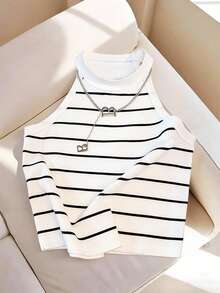GlowEve Women's Casual Striped Halter Top, Summer - Black and White - View 1