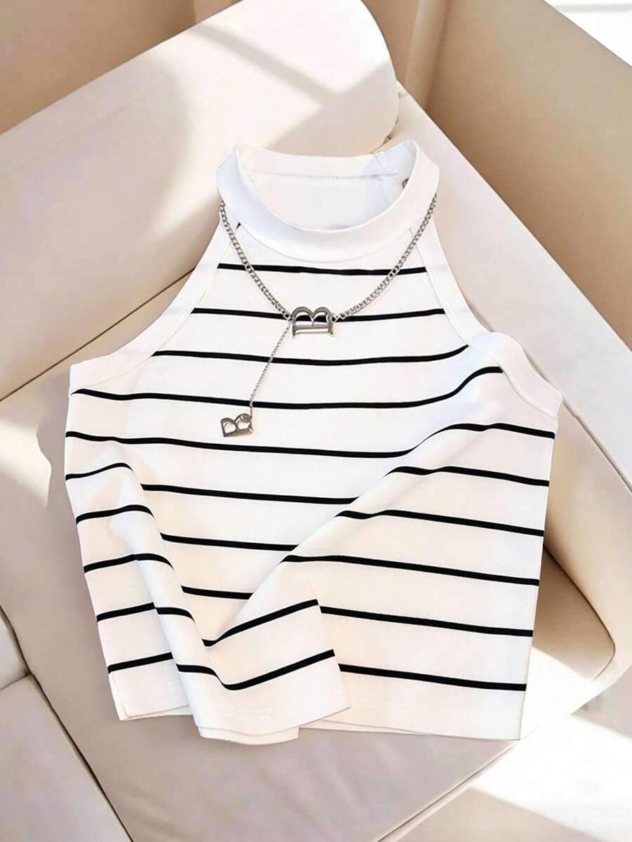 GlowEve Women's Casual Striped Halter Top, Summer - Black and White - View 1