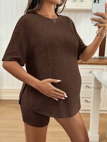 SHEIN 2pcs Maternity Set: Solid Color Round Neck Nursing Functional Top And Adjustable Waist Casual Shorts - Coffee Brown - View 6
