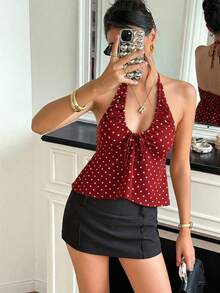 SHEIN Raffinéa Women's Spring/Summer New White Halter Neck Bowknot Drawstring Deep V-Neck A-Line Elegant Sexy Elegant Camisole Golf - Burgundy - View 6