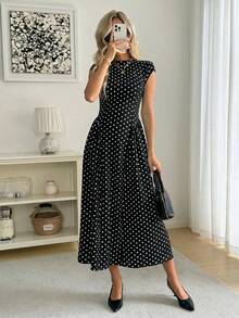 Easowa Đầm nữ chấm bi cổ tròn tay ngắn thanh lịch dài ngang gối - màu đen - Xem 6