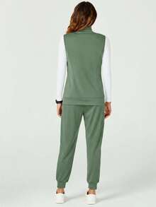 TaskEZ Chaqueta de uniforme de scrubs sin mangas con cierre de cremallera de unicolor - Verde - Ver 2