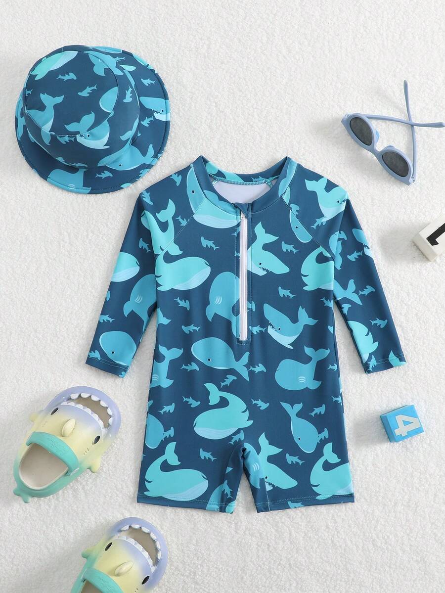 SHEIN Infant/Baby BoyWhale Print Long Sleeve Rash Guard Swimsuit With Sun Protection Wide Brim Hat - Green - View 1
