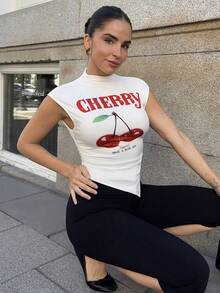 Marta Soriano Women's Casual Asymmetric Cherry Graphic T-Shirt, Suitable For Summer,Summer Outfits For Women,Graphic Tees Women,Gyaru,Sexy Suitable For Going Out - White - View 6