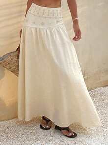 DAZY Rhinestone Embellished Loose Flared Skirt, Elegant Summer Holiday Dress For Women - Apricot - View 3