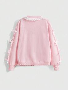 ROMWE Kawaii Women's Innocent Girl Cute Rabbit Embroidered Lace Trim Bow Decor Heart Button Plus Size Cardigan, Pink - Pink - View 2
