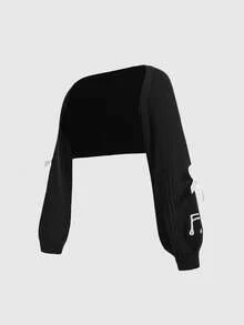 ROMWE Kawaii Conjunto de camiseta y cárdigan de punto con estampado de teclas de piano y notas musicales, talla grande, estilo retro Y2K - Negro - Ver 6