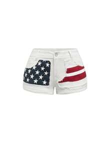 ROMWE J-Fashion Shorts vaqueros de talla grande con estampado de estrella de bandera de los EE. UU. de estilo Y2K - Blanco - Ver 1