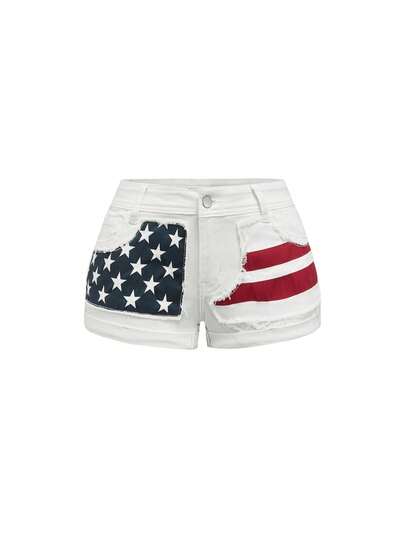 ROMWE J-Fashion Quần short denim in hình ngôi sao cờ Hoa Kỳ Y2K cỡ lớn