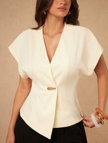 Silquee Elegant Cream White V-Neck Batwing Sleeve Fitted Top,Semi Formal Summer Blouse For Women,Perfect For Work,Office,Vacations And Social Occasions - Apricot - View 8