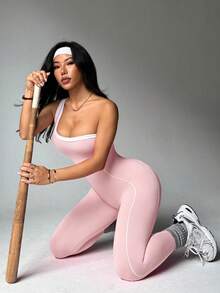 Dewbera 一件式无缝针织紧身提拉瑜伽连体裤，适合女性 - 淺粉色 - 查看 6