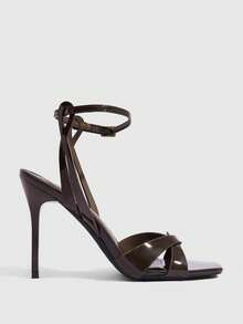 CUCCOO SZL Dark Brown Patent Leather Cross-Strapped Square Sandals, Commuter Dating Heels Summer Shoes - coffee color - View 2