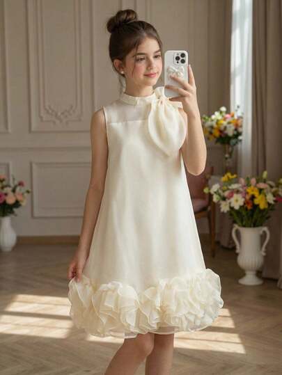 Pitira Tween Girls Partywear Champagne Tulle Handmade Flower Sleeveless Bow Collar A-Line Knee-Length Formal Dress, Elegant Vintage Cute, Suitable For Parties, Weddings, Ceremonies