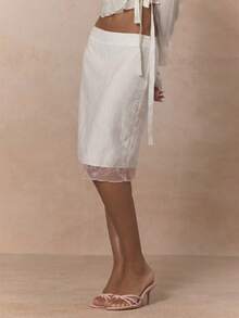 MUSERA Lace Trim Straight Fit Low Rise Midi Skirt Coord Bottoms Only Cute Spring Holiday Girly Sugar Salt - White - View 3