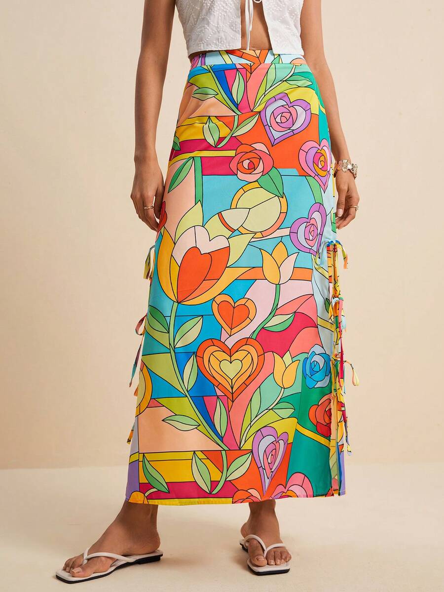 LOTSLUV Women's Pastal Heart Print Slit Tie-Side Hem Skirt, Suitable For Spring/Summer Vacation, Skirts Women, Long Summer, Zanzea Golf Girlisim - Multicolor - View 1