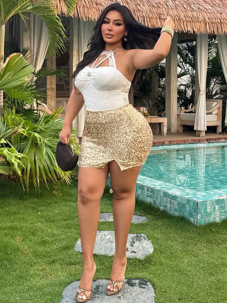 Dazy Plus Plus Size Women's Sequin Fabric Elegant Sexy Casual Short Slit Bodycon Mini Skirt, Spring/Summer