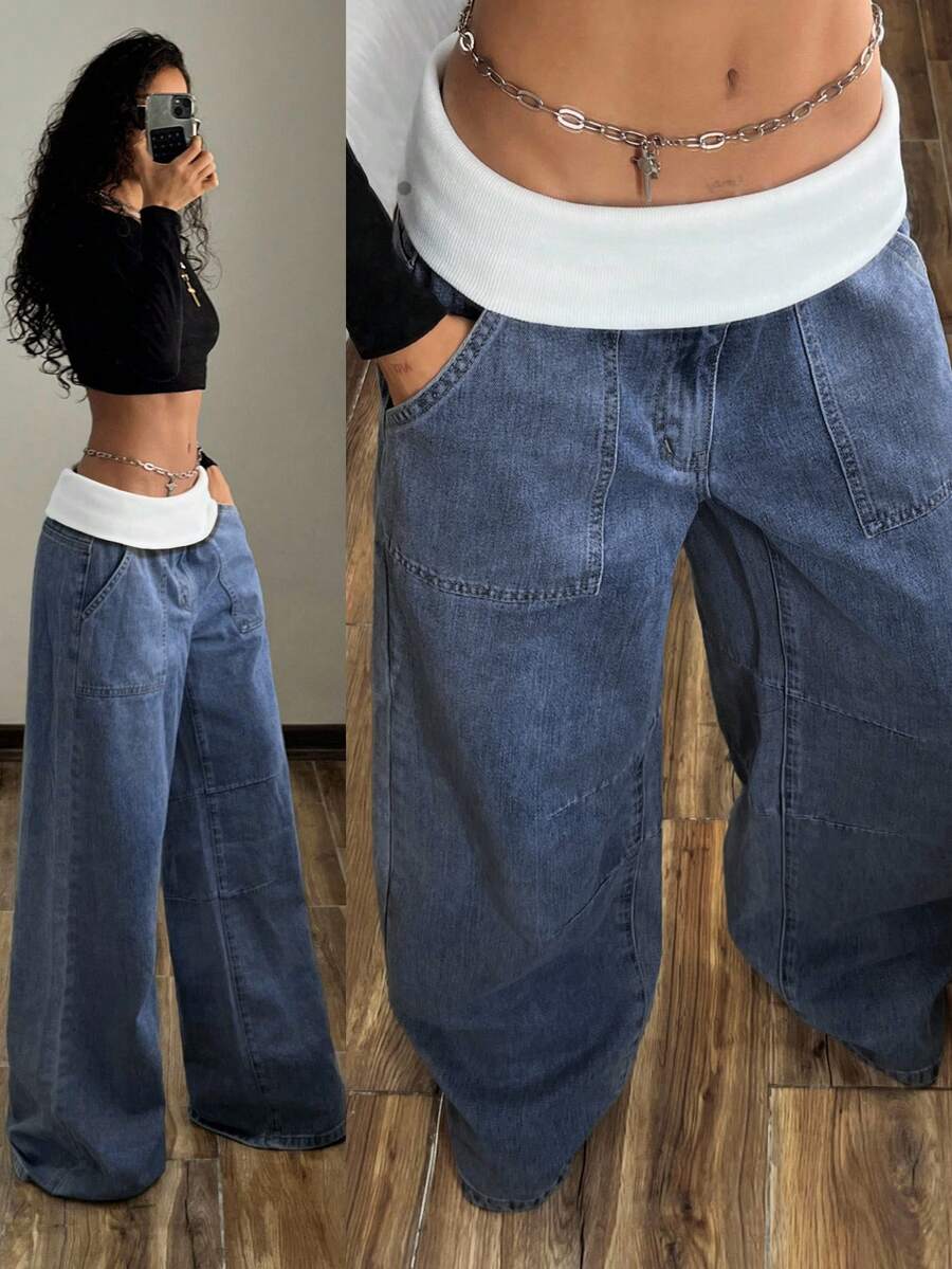 SHEIN Tall 女士撞色腰部翻折口袋阔腿休闲牛仔裤 - 藍色 - 查看 1