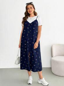 SHEIN Essnce Bộ đồ hai mảnh thời trang xuân/hè dành cho nữ cỡ lớn, kiểu dáng thoải mái, rộng rãi, cơ bản, đa năng, tôn dáng: Áo ngắn tay màu trắng và váy dài hai dây in hoa màu đen, trang phục mùa hè, phong cách đơn giản, trang phục sân bay, trang phục đi nghỉ mát. - Màu xanh hải quân - Xem 3