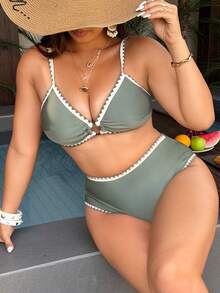Swim Vcay 2026 New Plus Size Women 2-Piece Contrast Color Floral Elegant Fashion Swimwear Set - Olive Green - View 7