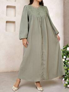 Veilorie Plus Size Women Elegant Solid Color Long Sleeve Arabic Style Dress - Green - View 3