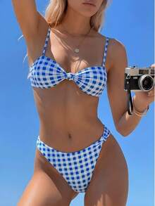 Swim Mod Bộ bikini xoắn kẻ caro xanh trắng mới mùa Xuân/Hè 2026, áo tắm quây 2 mảnh, tôn dáng, gợi cảm, thích hợp cho đi biển, dự tiệc bãi biển, bóng chuyền bãi biển, lễ hội âm nhạc, hẹn hò trên bãi biển, hộp đêm. - Nhiều màu - Xem 1