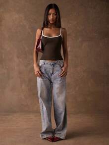 SHEIN BAE 女士夏季休闲撞色滚边吊带背心 - 咖啡棕 - 查看 5