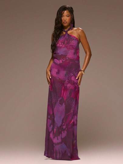 MUSERA Đầm maxi chiffon in hoa, thắt nơ, cổ yếm, thích hợp cho mùa xuân hè, đi nghỉ mát, buổi tối dạo chơi, dịp đặc biệt, Golden Sands.