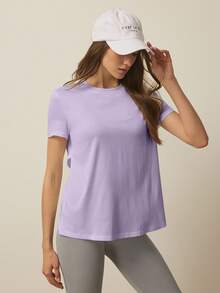 SHEIN With My Calm Camiseta deportiva de mujer de cuello redondo minimalista, sin espalda y de manga corta - Púrpura malva - Ver 4