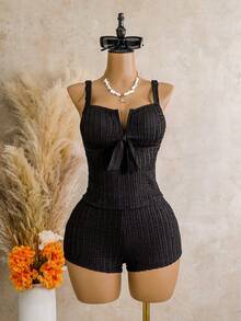 Swim Lushoire Women's Black Tankini Set Summer Casual Vacation Holiday,Spaghetti Strap V-Neck Bow Accent Top And Shorts Beach Swimwear,Solid Texture Fabric Suit - Black - View 3
