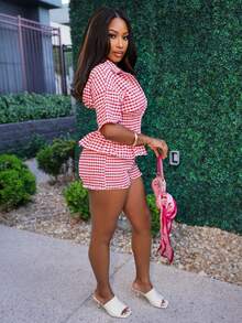 Chea Andrea 2 Stücke Damen Karohemd und Shorts Set, Lässig - Rot - Übersicht 5