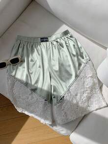Comfortcana Women's Lace Patchwork Elastic Waist Casual Shorts Satin Skirt Lace - Green - View 5