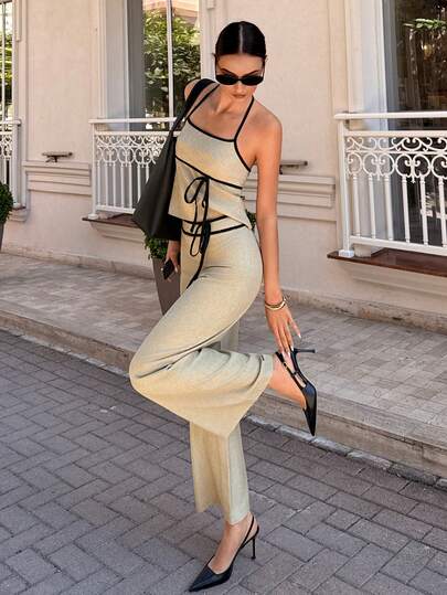 Siren Gaze Summer New Women's Contrast Color Spaghetti Strap Top And Thick Waist Tie Waist Pants 2 Pieces Set, Casual Vacation Outfit , Beach Outfits, Summer Casual Wear Women Vacation Outfit Sets Women's Summer Outfits Women's Summer Co Ord Women 2 Pieces Outfit Casual Women Outfits Sets,Work Outfits For Women Leisure Sets For Women Boat Cruise Outfit Women 2 Piece Set