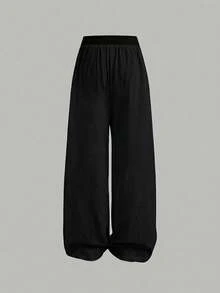 SHEIN Serisse Kids 少女日常休闲基本款100%纯棉弹力腰阔腿裤，返校季 - 黑色 - 查看 2