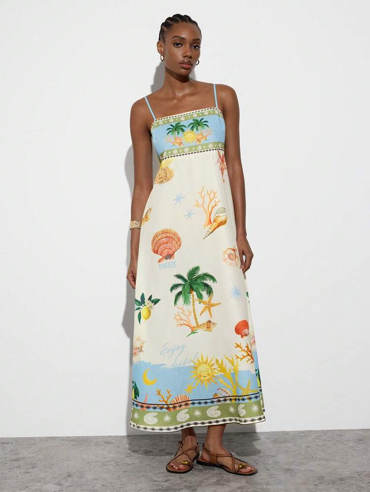 SHEIN Maija Women's Long Strap Dress With Placement Print Of Ocean Elements, Spring/Summer, Summer Dresses, Summer Clothes, Summer Outfits, Spring Outfit , Spring Dress Women , Festival Dresses , Elegant Party Dresses, Beach Dresses , Beach Outfit For Women ,Beach , Casual Dresses For Women , Casual Women's Dresses, Holiday Outfits For Women, Vacation Outfits For Women, Holiday,Summer Dresses For Women