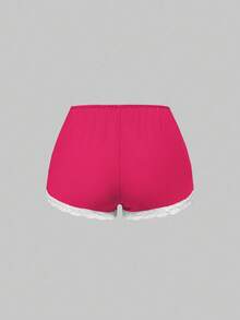 ROMWE Ribbed Lace Camisole And Shorts Casual Pajama Set - Hot Pink - View 8