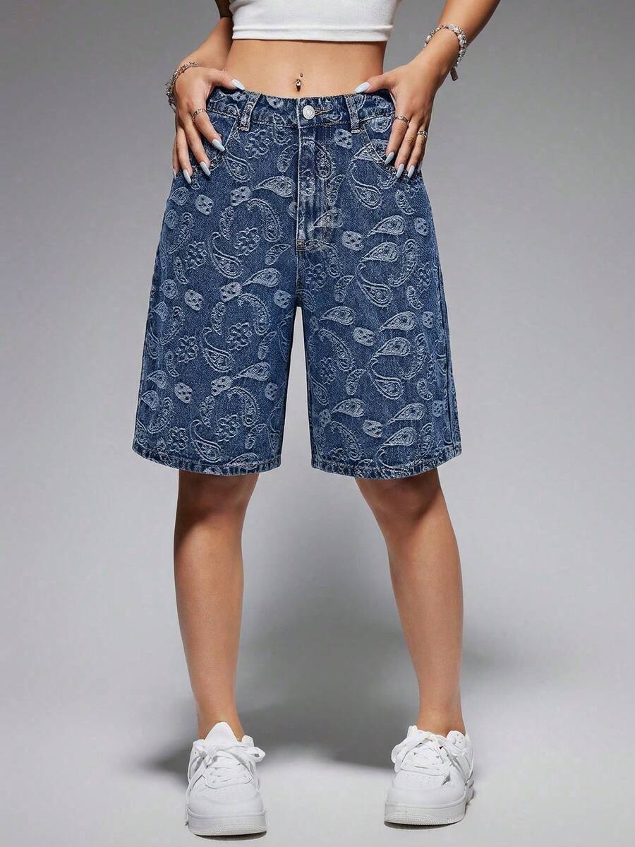 Jeanoix Women's Casual Streetwear Everyday Denim Shorts With Pockets And Button Closure Light Blue Floral Summer - Blue - View 1