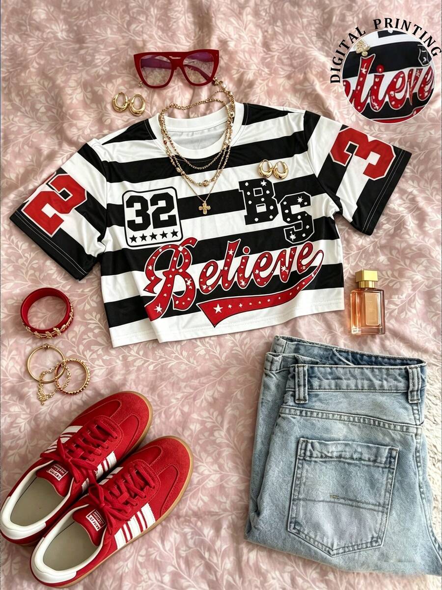 Glimmora Women's Casual Striped Letter Print Cropped T-Shirt, Summer - Multicolor - View 1