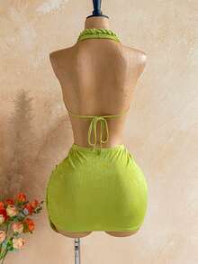 Soleia Conjunto de 2 piezas de top halter sin espalda y falda para vacaciones en la playa para mujer - Verde - Ver 2
