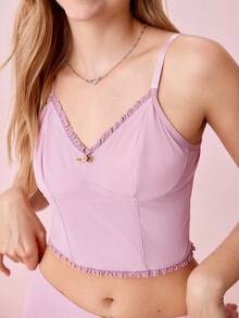 Bộ đồ ngủ/Pjama/Áo ba lỗ viền rau diếp và quần short Bộ đồ ngủ - Bụi hồng - Xem 7
