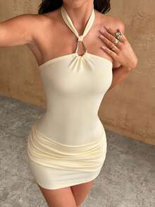 Bluhae 性感金属扣露背无袖迷你连衣裙 - 杏色 - 查看 4