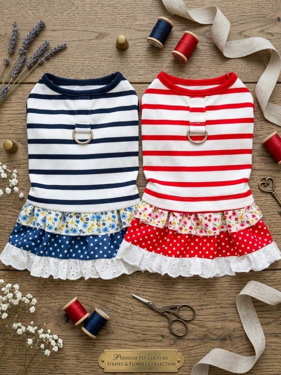 狗狗服装、猫咪服装、动物裙装、宠物春夏新品系列、幼犬连衣裙、公主风百搭连衣裙、条纹印花、小型动物服装、清凉防晒霜 - 彩色 - 查看 1