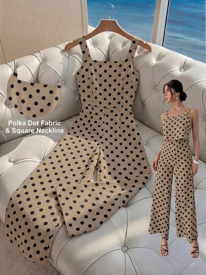 Franclia Mono de pierna ancha de satén elegante con estampado de lunares, adecuado para el verano y las vacaciones en la playa